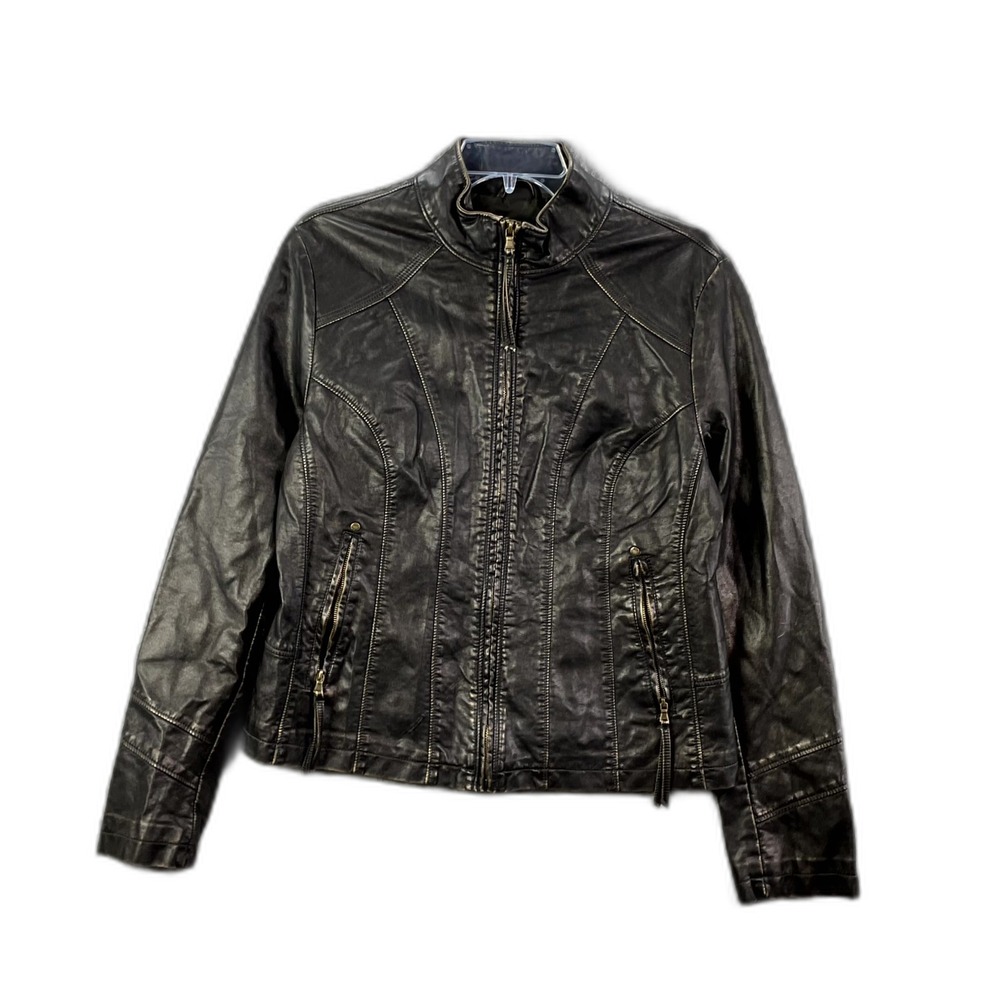 Big Chill Vintage Faux Leather Jacket Womens L Black Motorcycle Riding Outdoor